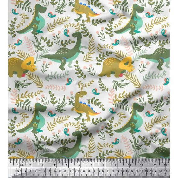 Soimoi White Polyester Crepe Fabric Dinosaur & Redwood Leaves Print Fabric by the Yard 42 Inch Wide