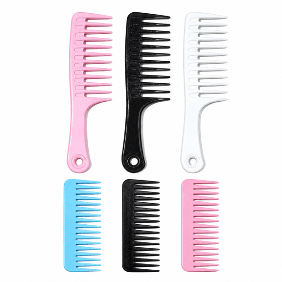 Wide Tooth Comb Set 6 Pack, Detangling Hair Comb for Curly Wet Dry Hair, Pink Black White Blue, PP Plastic, 3 Large & 3 Small Combs