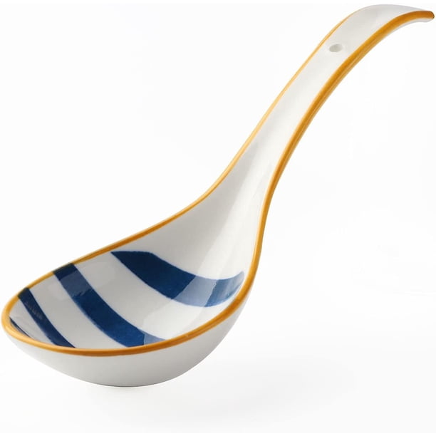 Cucharas de sopa asiáticas de cerámica, juego de cucharas de sopa japonesas grandes de 8,6 pulgadas, cucharas de porcelana (línea azul)