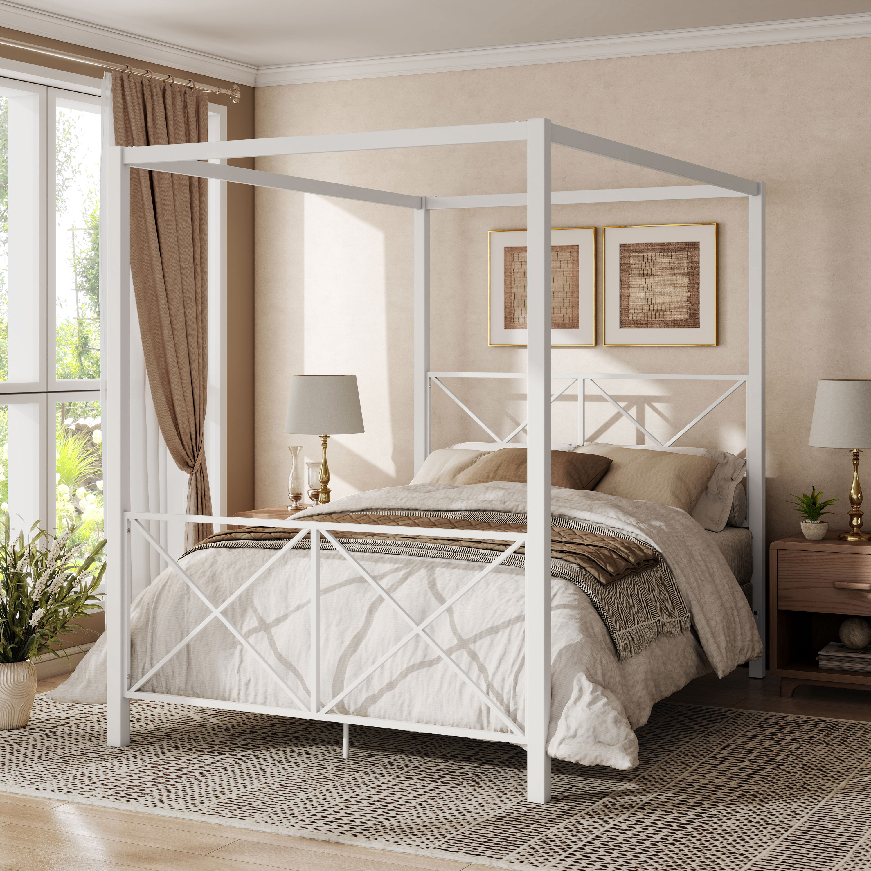 Furniture of America Rosedale Modern Metal X-Cross Canopy Bed, Full Size, Gold