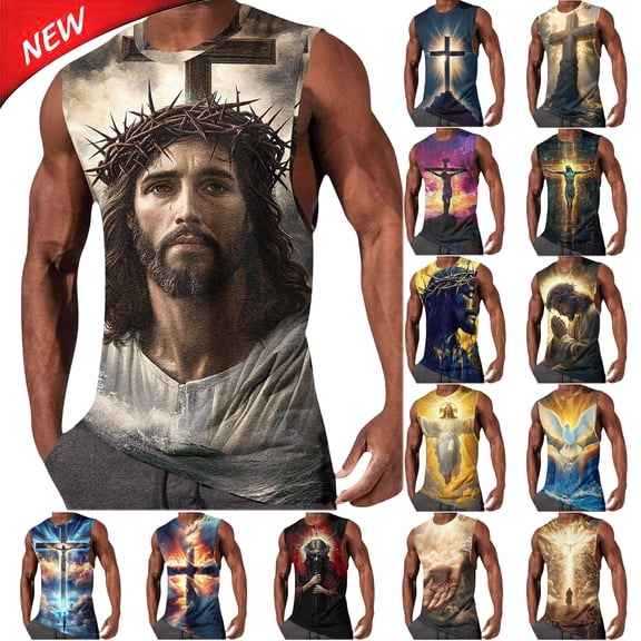 Tqyyweavej Easter Tank Tops for Men Jesus Cross Printed Color Block Christian Shirts Sleeveless Crewneck Muscle Tops Size S to 2XL