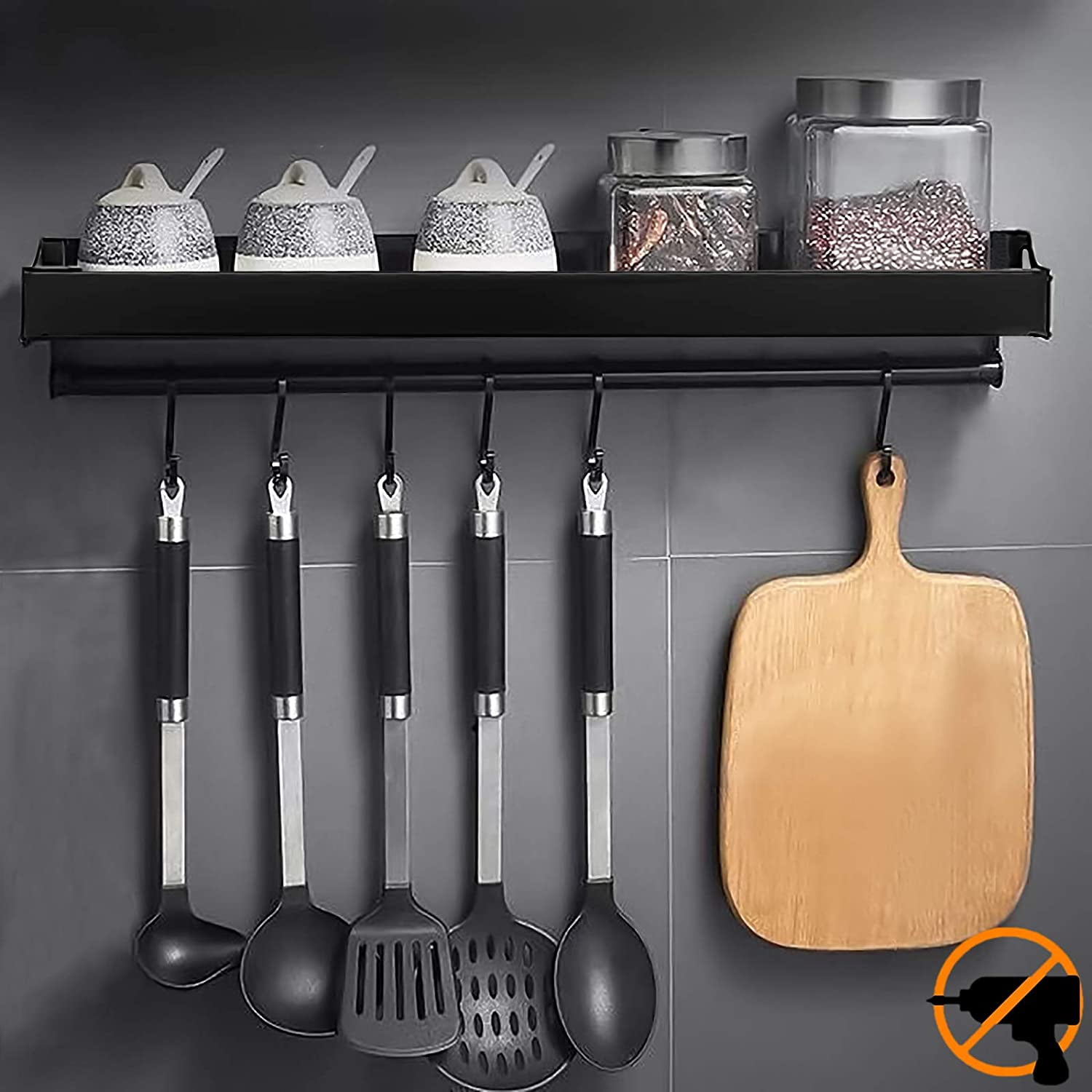 Spice Rack Wall Mounted Kitchen Utensil Storage Rack With 6 Removable Hooks Kitchen Shelf Wall Mounted Pan Holder Without Drilling Aluminum Rust Proof Black 40Cm Walmart