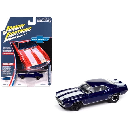 1969 Chevrolet Camaro Z28 Blue Metallic with White and Interior "Muscle Cars USA" 1/64 Diecast Model Car by Johnny Lightning