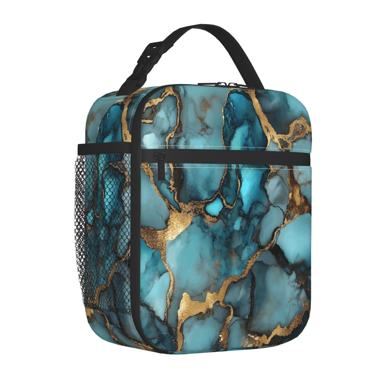 Lunch Bag For Women Men Insulated Portable Lunch Box Bento Box Office Picnic Travel Cooler Bag Teal Gold Marble