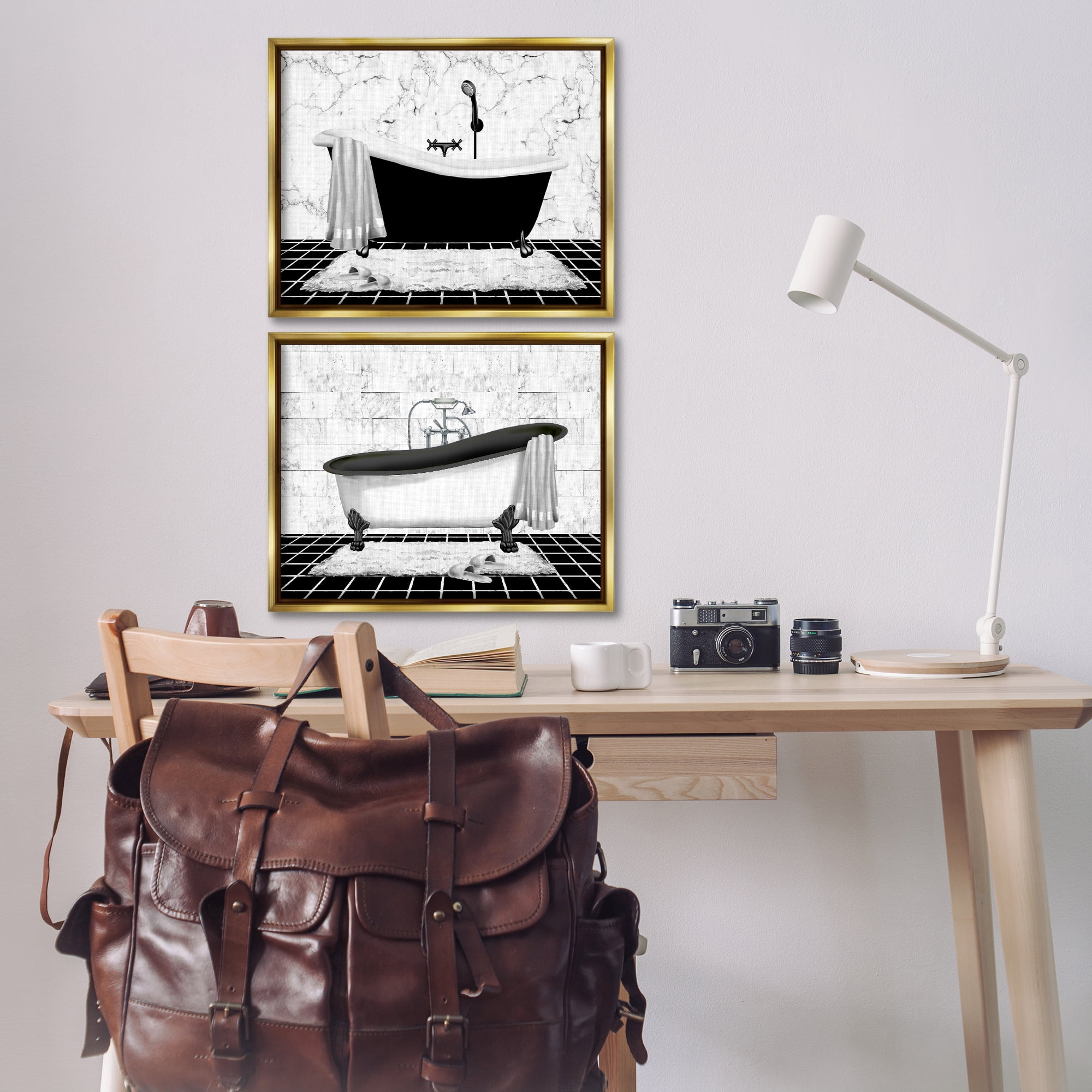 Stupell Industries Marble Clawfoot Soaking Tub Bath & Laundry Painting Gold Floater Framed Canvas Art Print Wall Art, 21 x 17, Set of 2