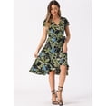 thumbnail image 2 of Vestido Midi Cruzado Y Acampanado Con Estampado Floral Tropical De Verano Para Mujer Negro verde XS, 2 of 6