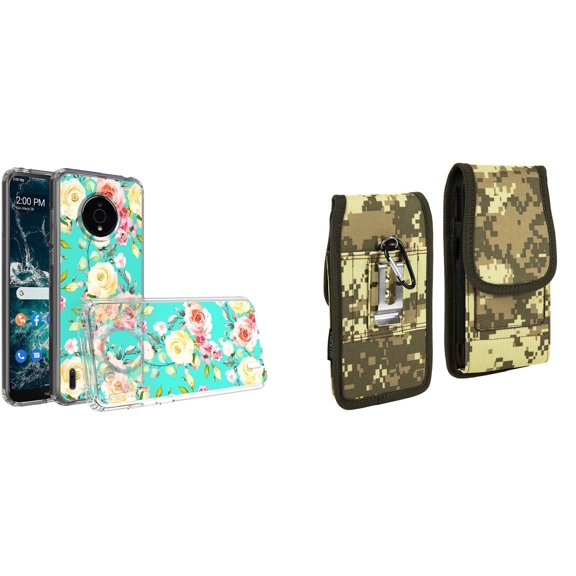 Case and Pouch Bundle for Nokia C200: Slim Series TPU Protector Case (White Pink Flowers on Teal) and Vertical Rugged Nylon Belt Holster (Digital Camo)