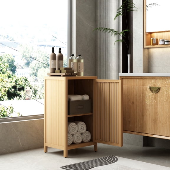 GDF Studio 29.5" Bamboo Storage Cabinet, Freestanding Floor Cabinet with Slatted Door, Natural