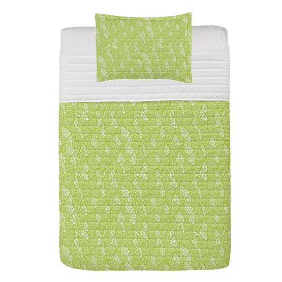 Leaf Microfiber Bedspread Set, Pattern with Leaves in the Springtime Greenery Bushes Ecology Garden Growth, Soft Bedding Set with Pillow Shams & Comforter, 3 Sizes, Apple Green White, by Ambesonne