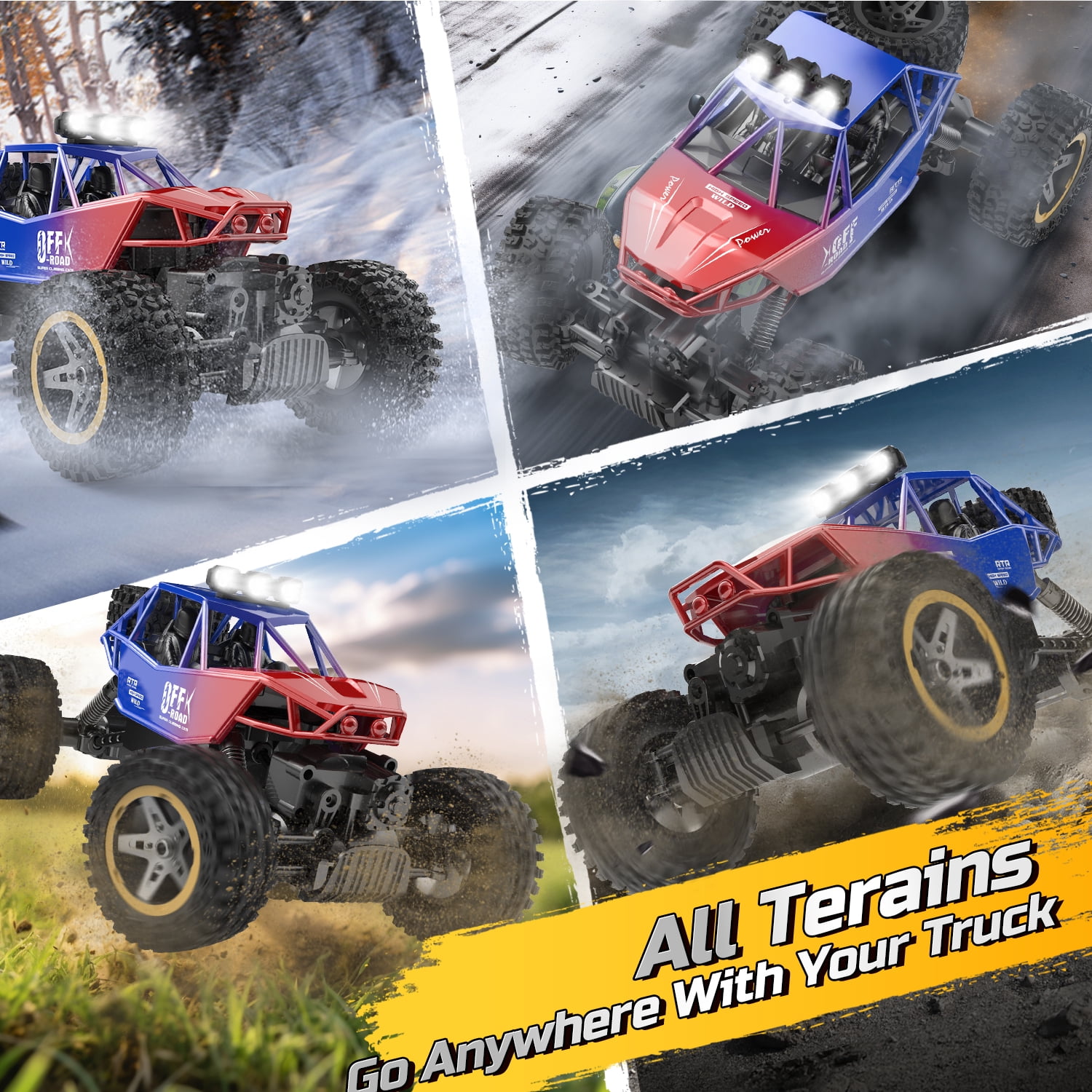 JoyStone 4WD RC Cars, 1:16 Off Road Monster Truck with LED Headlight Rock Crawler, 2 Batteries for 70+ Min Play, Gift Toys for Girls Kids Boys (Red & Blue)