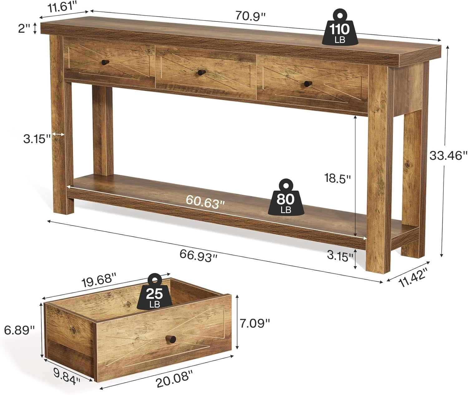 Tribesigns Extra Long Console Table, 70.9” Farmhouse Entryway Table with 3 Drawers