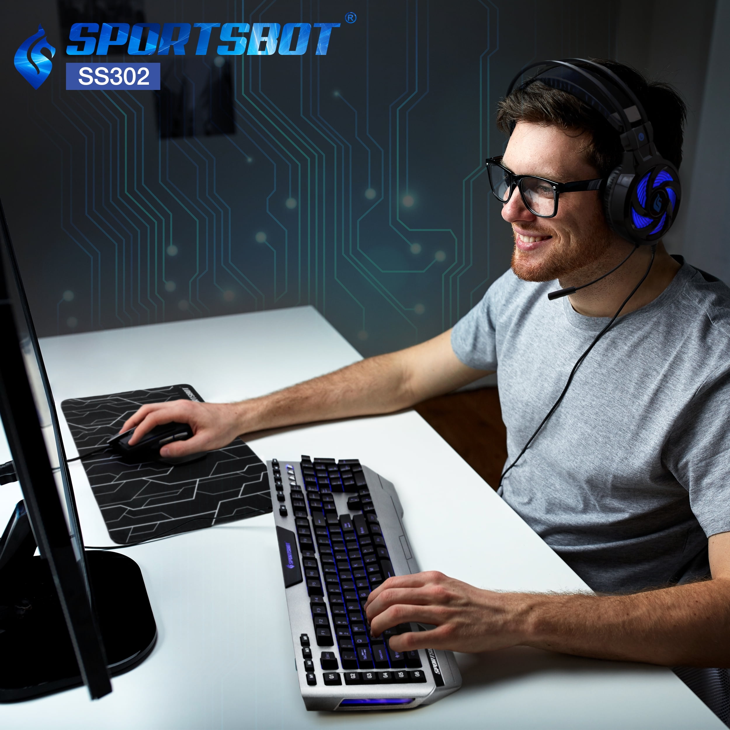 SportsBot SS302 Blue LED Gaming Over Ear Headset Keyboard Mouse Mouse Pad Combo Set