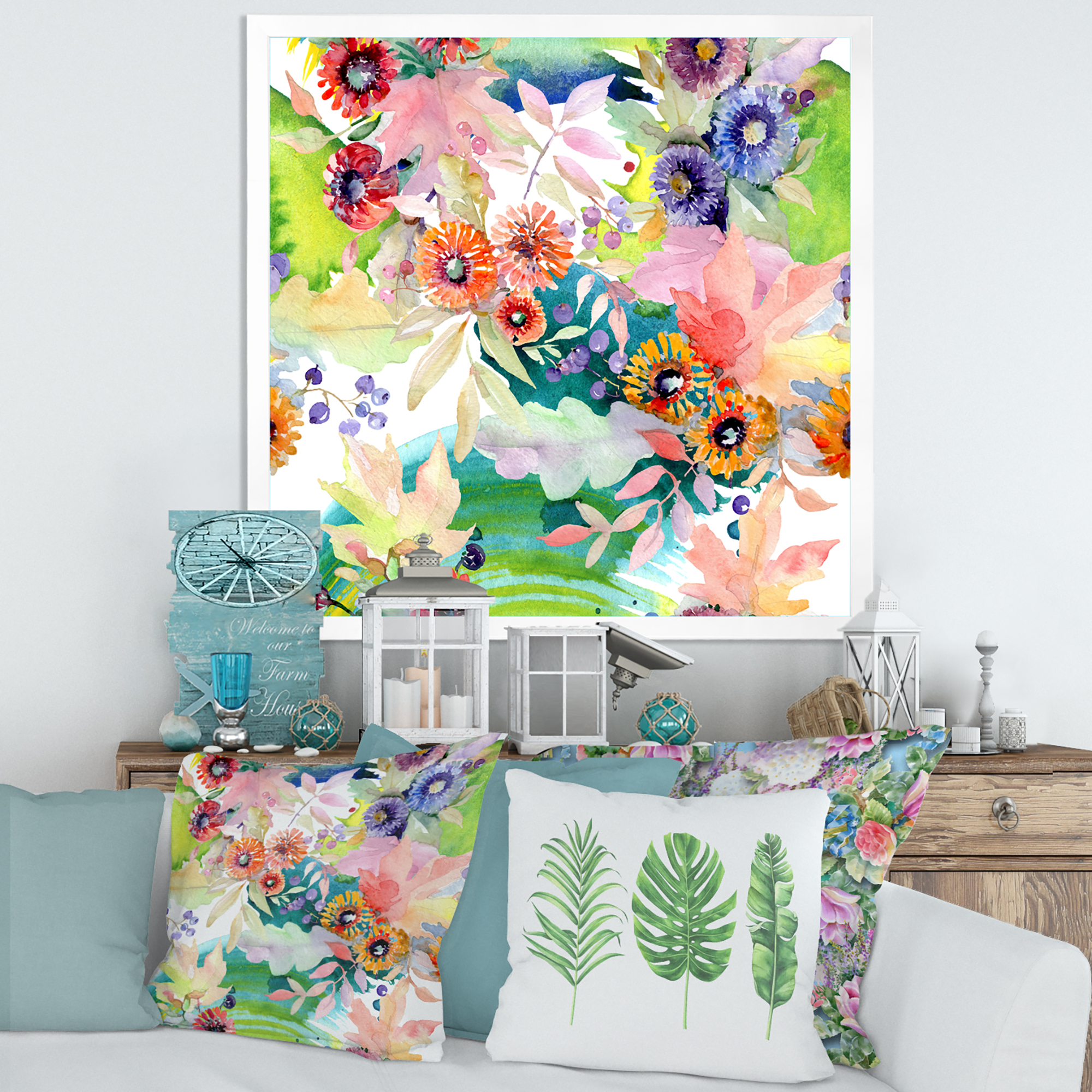 Wildflowers and Vibrant Wild Spring Leaves II 30 in x 30 in Framed Painting Canvas Art Print, by Designart