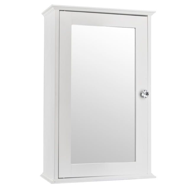 mueble de baño zimtown moderno montado en la pared blanco con espejo gabinete de pared en MDF blanco con puerta espejo frontal, vista frontal centrada; silueta rectangular estrecha con molduras superior e inferior, pomo redondo transparente a la derecha; dos repisas interiores ajustables para artículos de tocador, montaje en pared que ahorra espacio; dimensiones 34 x 15 x 53 cm.