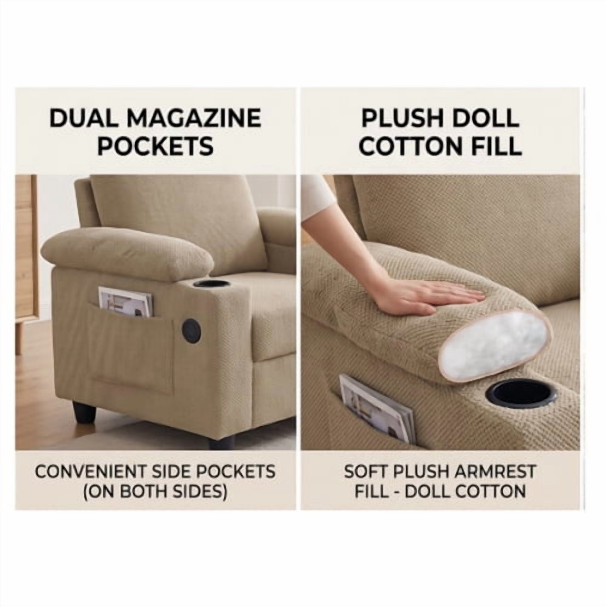 Accent Chair and Storage Ottoman Set, Convertible Single Chaise Lounge Sleeper Bed with Reclining Backrest, Dual Cup Holders, USB-C Ports, Side Storage Pocket, Camel