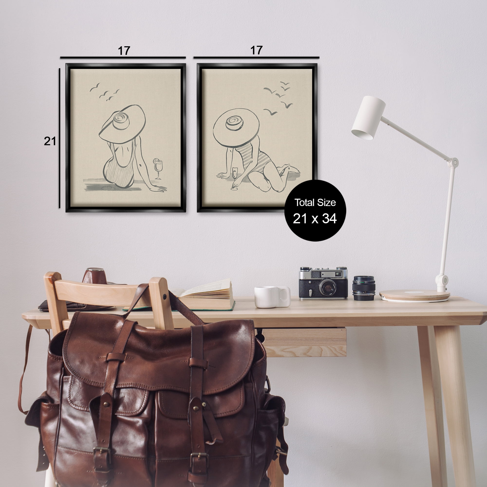 Stupell Industries Female Figure Drawing Poolside People Drawing Black Floater Framed Canvas Art Print Wall Art, 17 x 21, Set of 2