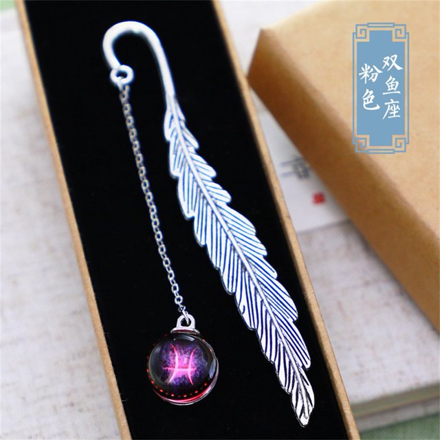 12 Constellation Noctilucent Bookmark Pendant Metal Feather Book Mark for Student Office Stationery Gift
