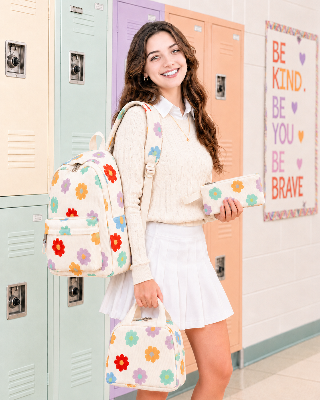 Set de mochila 3 en 1 para niñas de 10+, ligera, con lonchera térmica y estuche, resistente, para adolescentes, para laptop de 15", floral 8