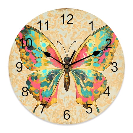 10 Inch Colorful Butterfly Wall Clock, Watercolor Brown Retro Texture Battery Operated Silent Non Ticking Clocks, Easy to Read Round Wall Clock for Kitchen/Living Room/Bedroom/Bathroom
