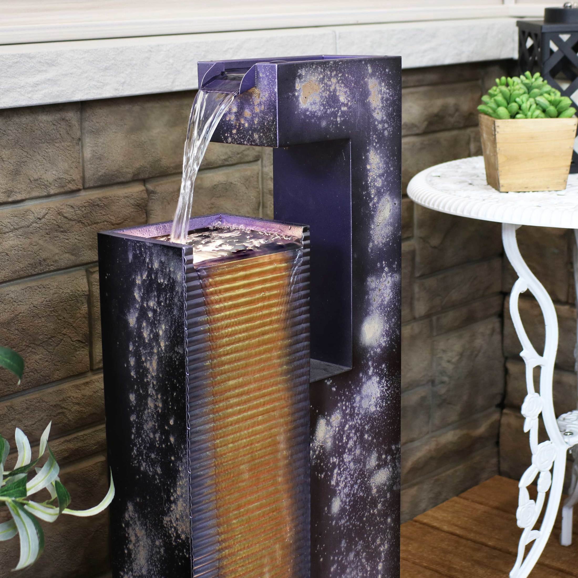 Sunnydaze Cascading Tower Metal Outdoor Water Fountain with Light