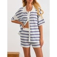 thumbnail image 4 of Musuos Women Summer Crochet Knit Pajamas Set Stripe Contrast Color Button Lapel Tops and Elastic Shorts 2 Pieces Loungewear Suits, 4 of 10
