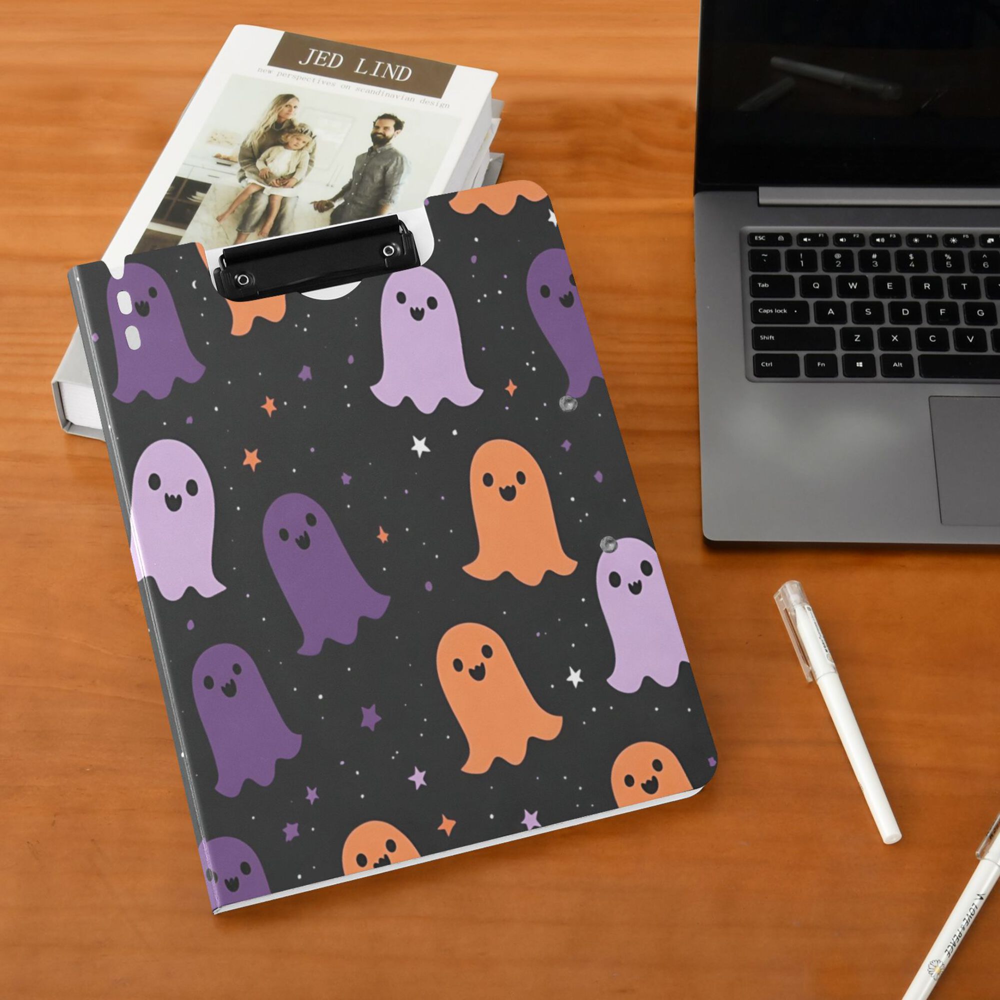 FORMRS A4 Clipboard Folder with Pen Holder Horizontal Foldable School Office Binder, Halloween Orange Ghosts