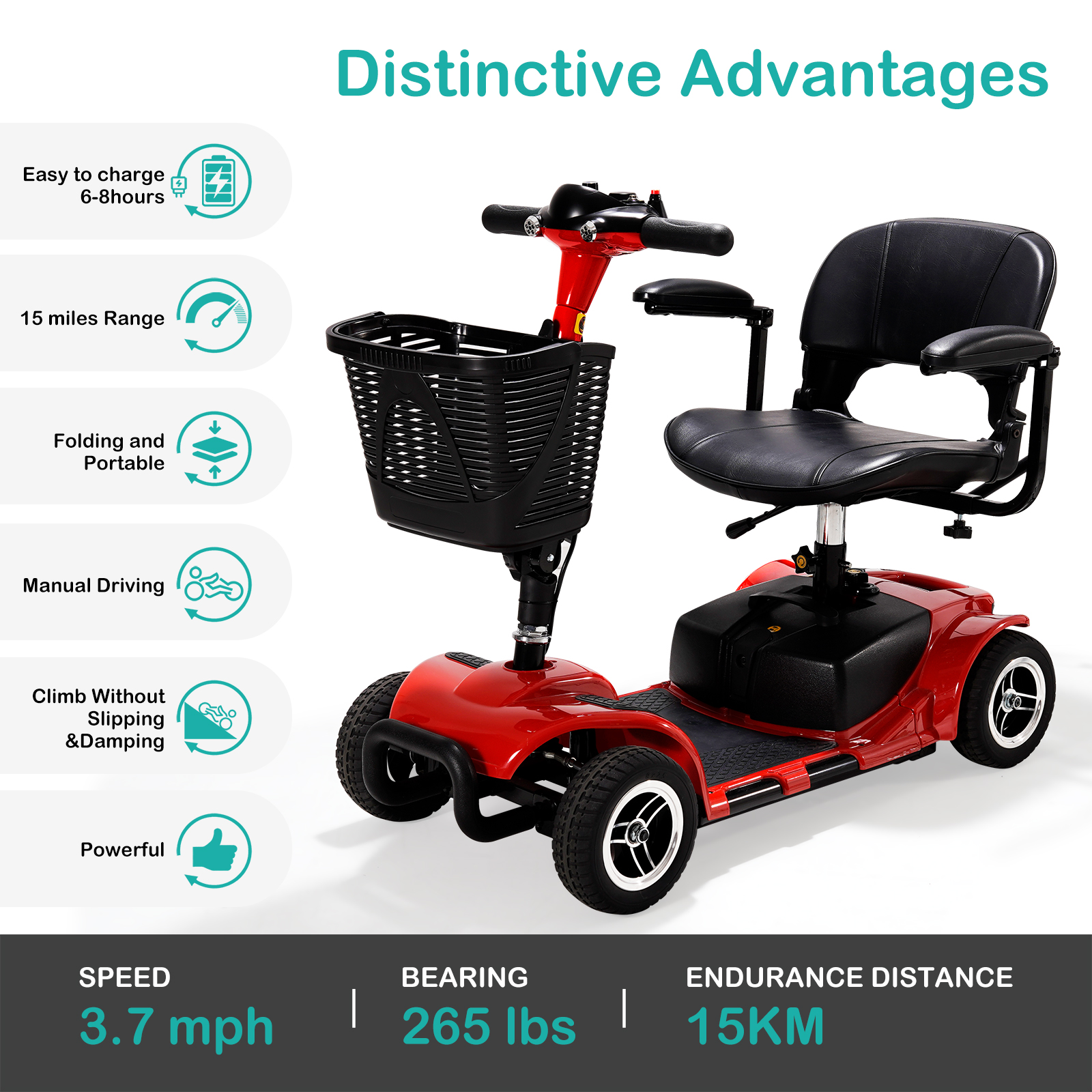 30 Miles Long Range 4 Wheel Electric Mobility Scooter with 350W Motor, Foldable Mobility Scooter for Adults/Seniors, 300LBS Capacity, Cup Holder, USB Port, Compact & Portable for Elderly, Silver