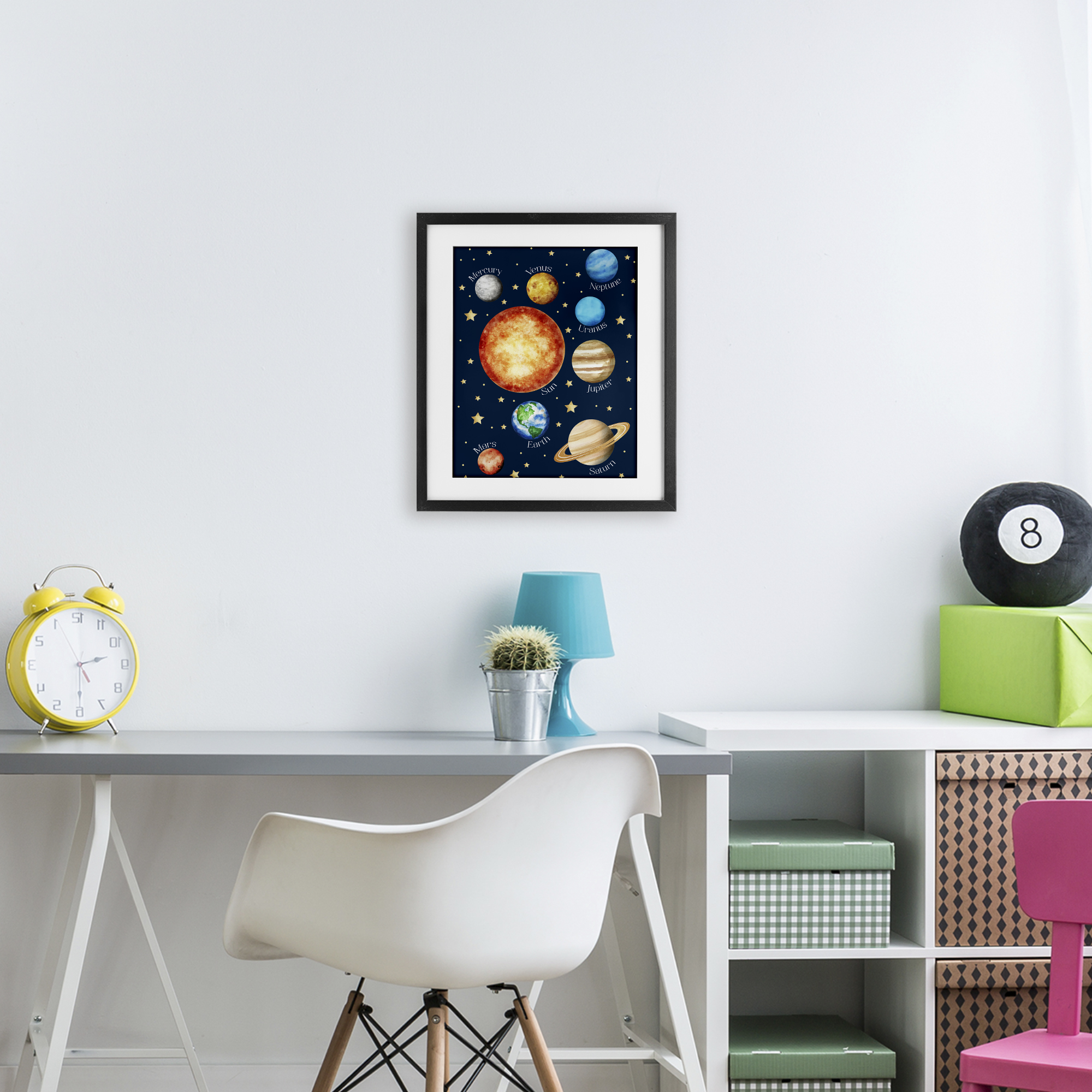 Educational Solar System Space Black Framed Print Under Glass, design by Christine Simpson Art