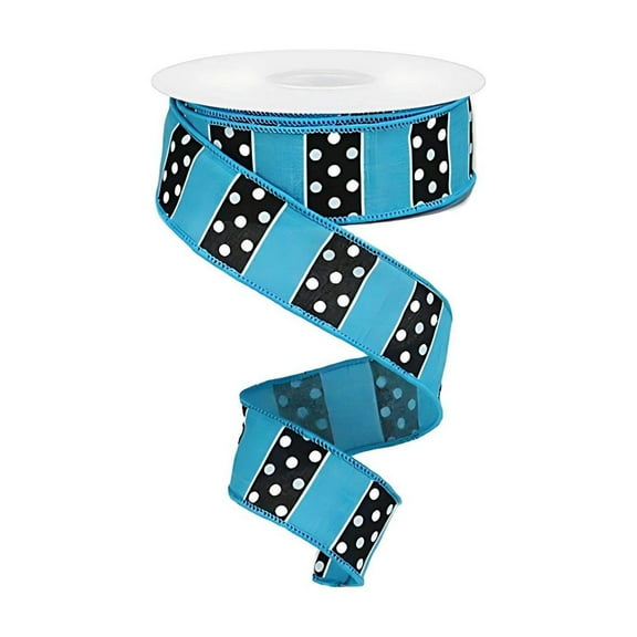 Craig Bachman 1.5 Inch B & W Polka Dot Stripes Ribbon, Turquoise, 10 Yards