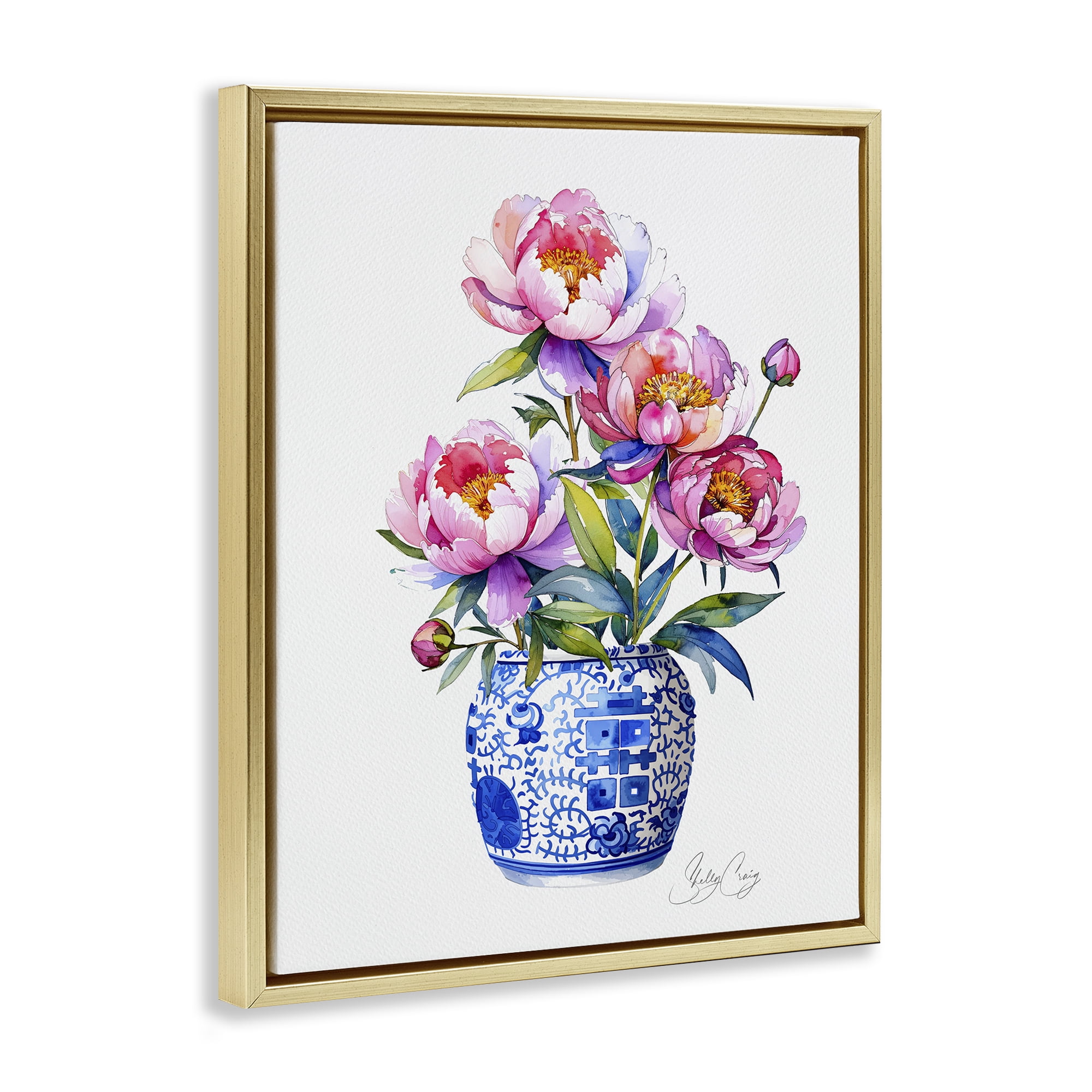 Stupell Industries Blue Dynasty Blooms Gold Framed Floater Canvas Wall Art, design by Shelly Craig