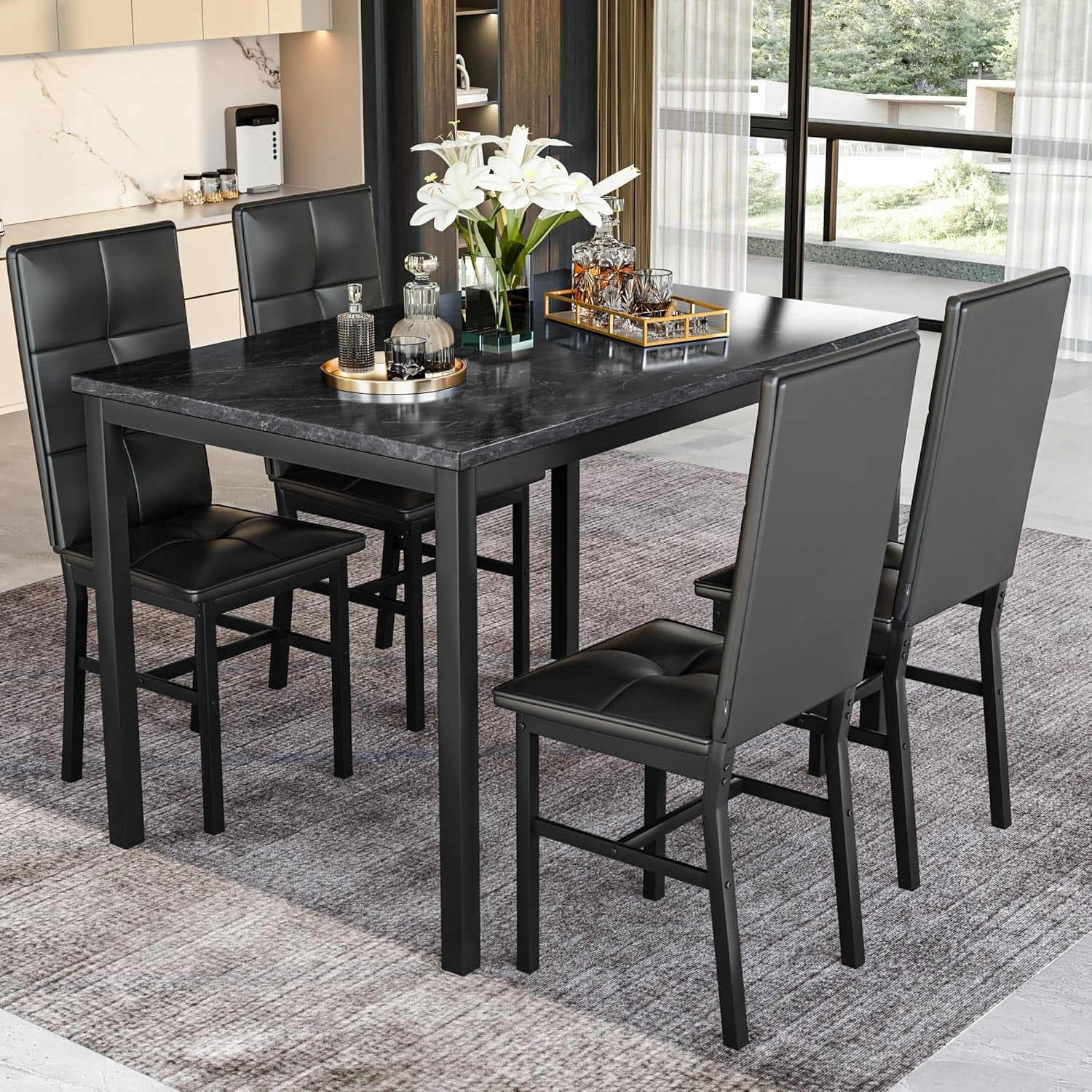 4-Person Dining Set: Modern Marble-Effect Dining Table with 4 PU Leather Upholstered Chairs. Kitchen dining furniture suitable for kitchens, dining rooms, and apartments.