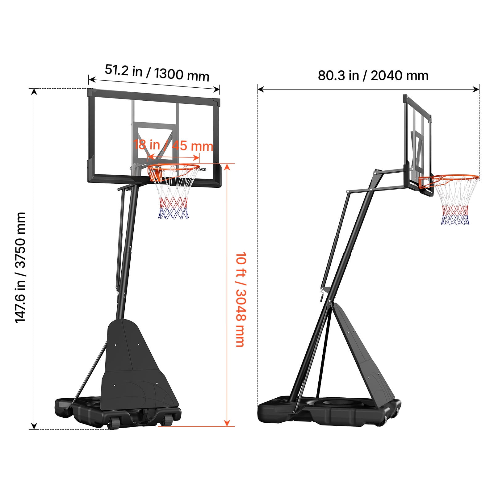 VEVOR Portable Basketball Stand, 10 ft Height Adjustment Basketball Hoop & Goal, Basketballs Hoop Outdoor with 50 inch PC Backboard for Kids, Adults in Schools, Parks, Indoor & Outdoor Use