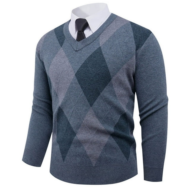 Blusas y camisas de manga larga con cuello en V para hombre, suéter de punto con cuello en V y manga larga con estampado a cuadros, jersey de poliéster para hombre