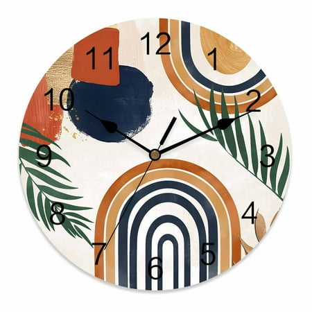 Wall Clock 10 Inch Abstract Boho Round Silent Decorative Wall Clocks Battery Operated for Living Room Bedroom Kitchen Classroom Decor, Mid Century Geometric Palm Leaf Sun Moon Brown,Small
