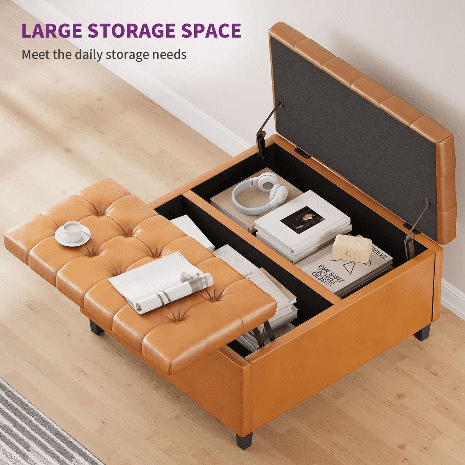 Dextrus 16.14''H Coffee Table Square Storage Ottoman, Brown Faux Leather, Living Room