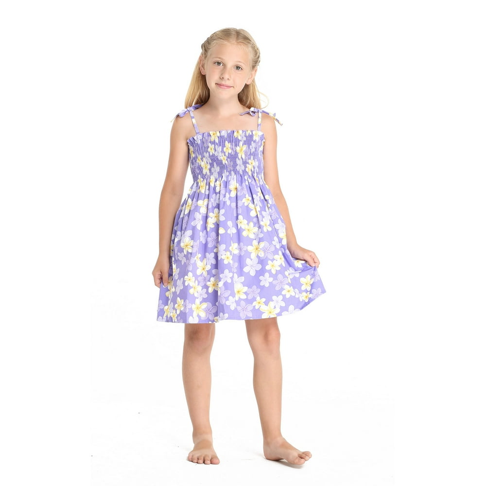 Made in Hawaii Girl Elastic Hawaiian Luau Dress in Plumeria Floral in
