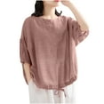 thumbnail image 2 of QUNYINEY Short Sleeve Women Shirts Solid Casual Crew Neck Tops Cotton Linen Summer Loose Pullover Womens Tops, 2 of 6