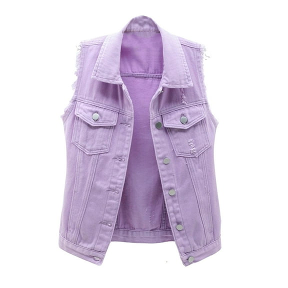 MESSUEN Women Vest Cowboy Vest for Women Mock Neck Raglan Solid Color Sleeveless Denim Shirt Vest Loose Denim Jacket Top Womens Summer Tops Dressy Casual Fashion Tops for Women Purple L