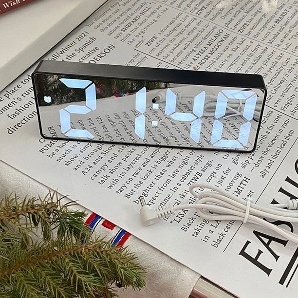 Reloj despertador digital con espejo LED, inteligente, silencioso, de escritorio, electrónico para estudiantes, con cable de carga, carcasa negra, sin batería.