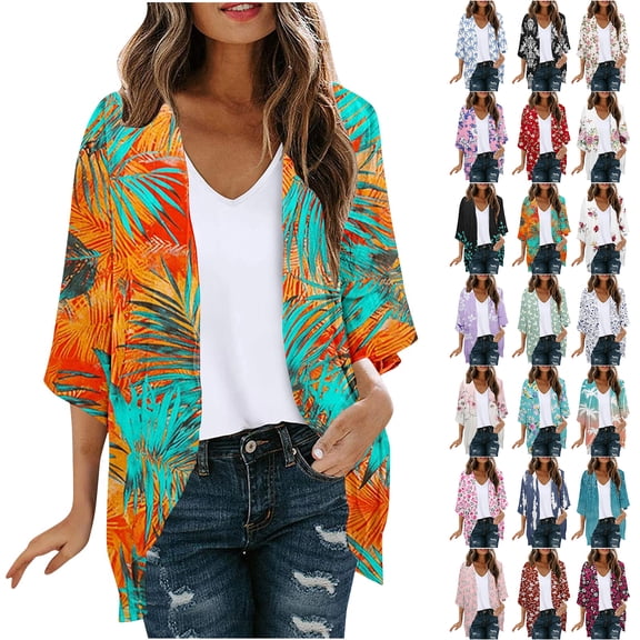 JTZGDY Cardigan Tops for Women Lightweight Casual Summer Floral Printed 3/4 Sleeve Chiffon Blouses Loose Fit Dressy Beach Cover ups Pink#01 L