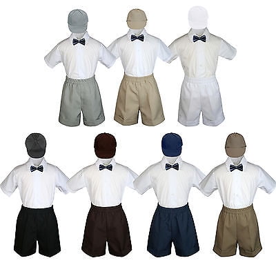 

4pc Set Boy Toddler Formal Navy Bow Tie White Navy Khaki Shorts + Hat S-4T