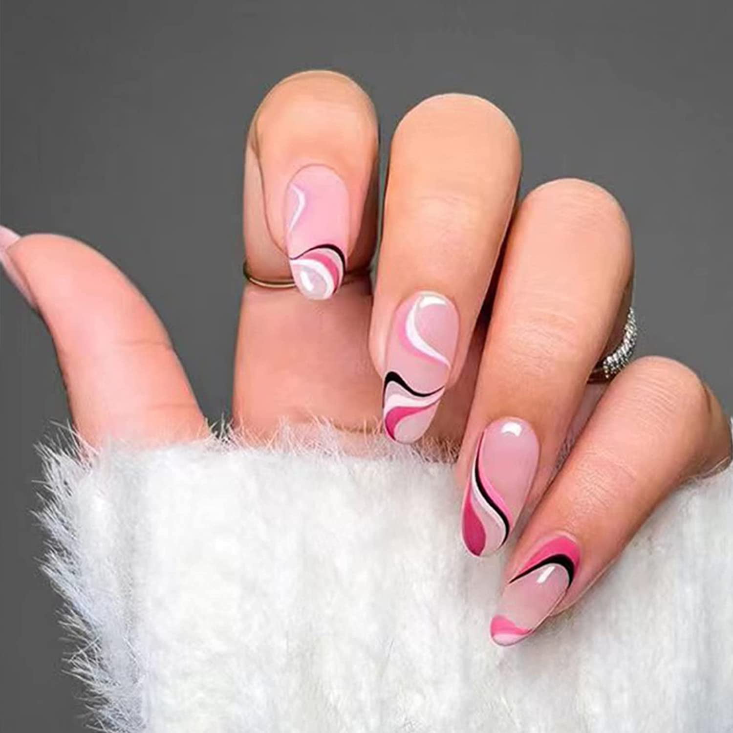 Press on Nails Short Round Fake Nails Nude False Nails with Pink Waves  Design Glossy Stick on Nails for Women 