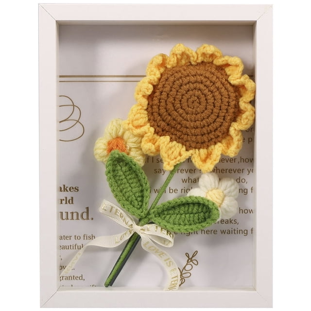 Wooden Crochet Flower Photo Frame Crochet Sunflower Display Stand 7” × 9” White