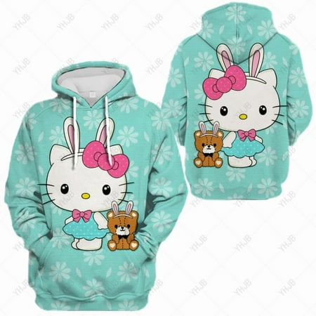 White Grey Crew Baggy Sweatshirt Women Hello Kitty Print Fashion Cartoon Characters Printing Street Wind Long Sleeves Pullover