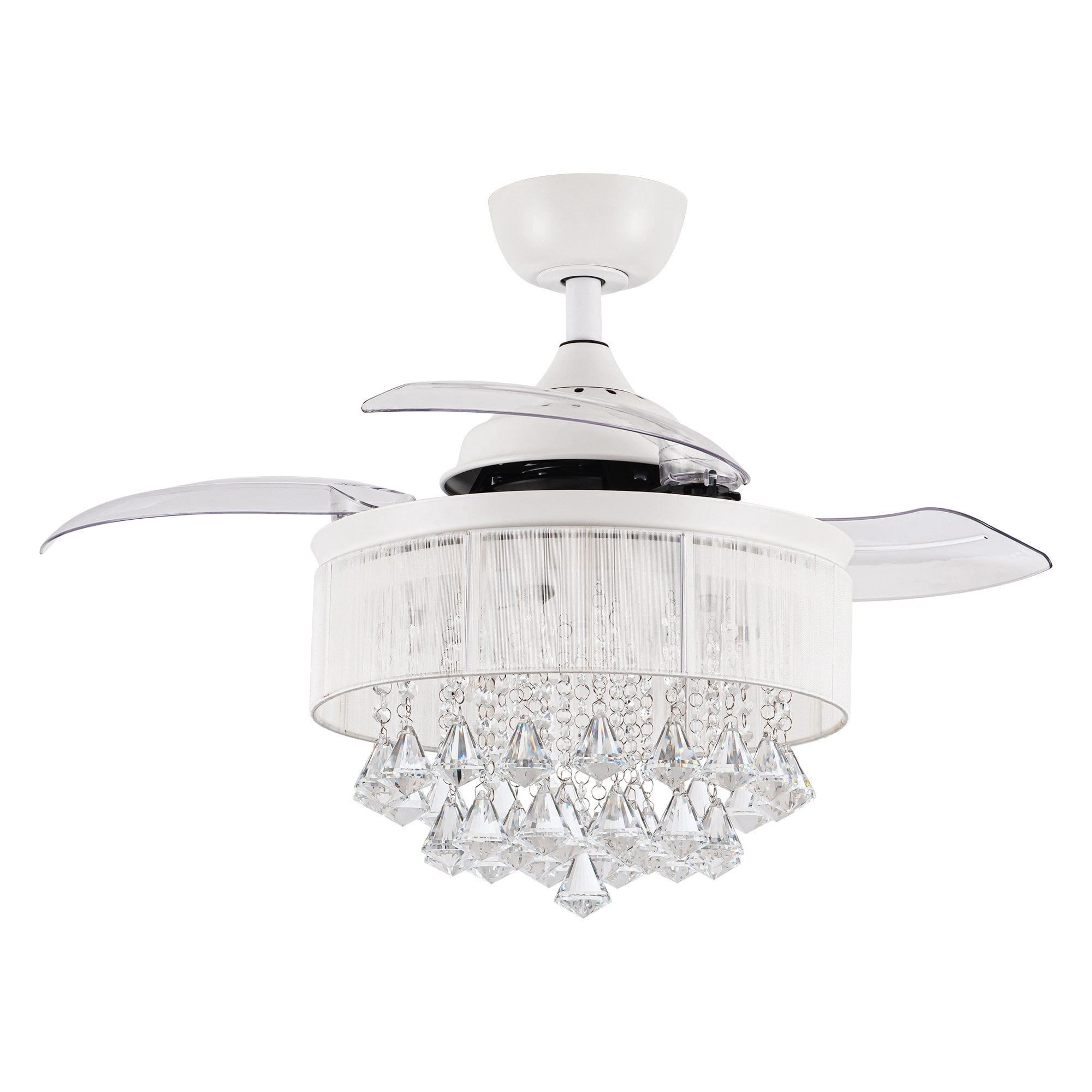 Parrot Uncle 36" Modern White Retractable 3-blade Crystal Ceiling Fan with Remote,  Glam Indoor Chandelier Fan