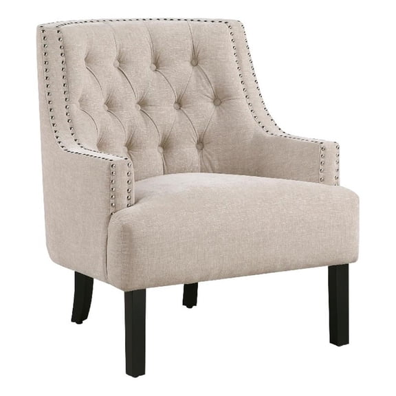 Daisie Accent Armchair- Button Tufted Beige Chenille- Solid Wood