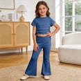 thumbnail image 2 of Childrens Outfits Elastic Short Sleeve Top Flared Pants Two Piece Girls Clothing,Blue,Size 5 -6 Years, 2 of 5