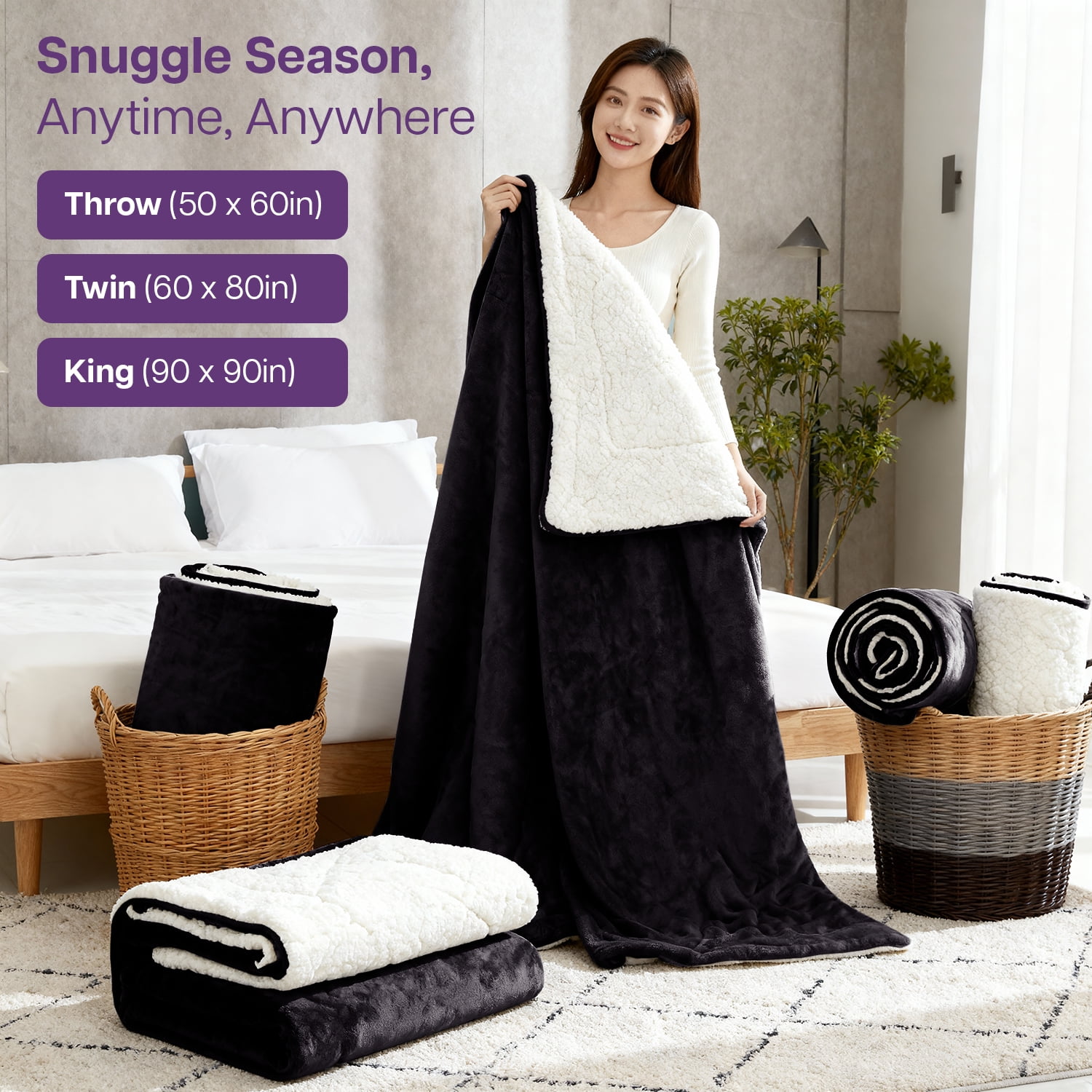IR Imperial Rooms Wholesale Sherpa Fleece Blankets 12-Packs Warm & Soft Plush Washable Lightweight Cozy for Charity & Gift Black Twin Size