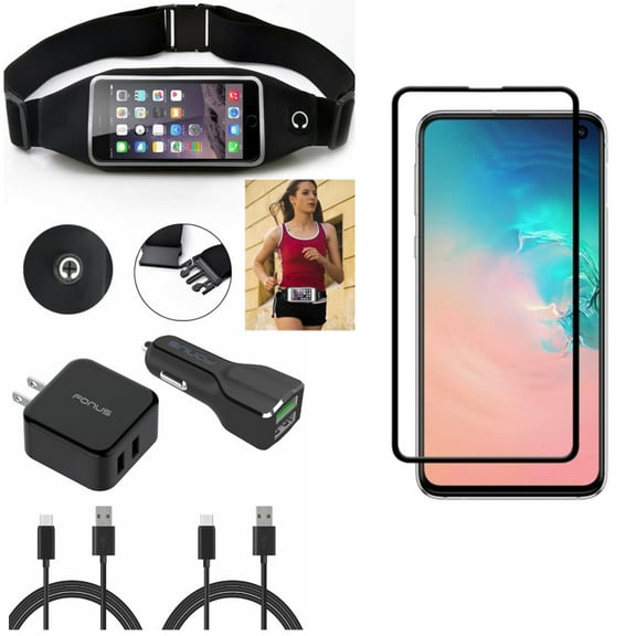 Galaxy S10e Screen Protector w Running Waist Bag w Fast Home Car Charger - Tempered Glass 5D Curved Edge, Belt Band Sports Gym Workout, USB Cable Type-C 6ft Long for Samsung Galaxy S10e Phone