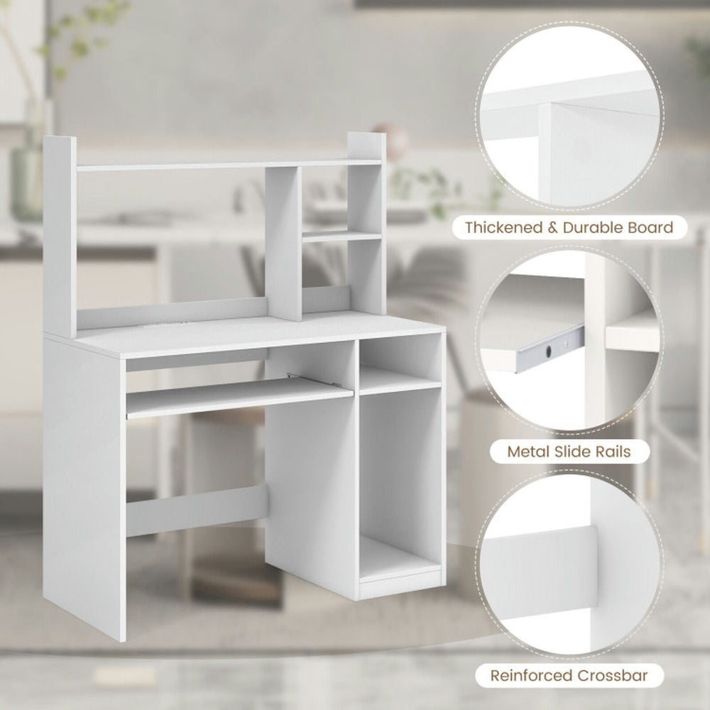 GVN Home Office Computer Desk with Bookcase Keyboard Tray and CPU Stand-White, Desk for Bedroom, Gaming Computer Desks for Study,Working,Writing